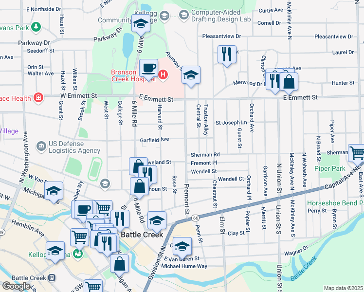 map of restaurants, bars, coffee shops, grocery stores, and more near 149 Fremont Street in Battle Creek
