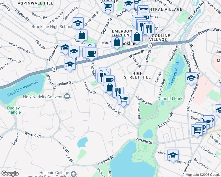 map of restaurants, bars, coffee shops, grocery stores, and more near 236 Cypress Street in Brookline