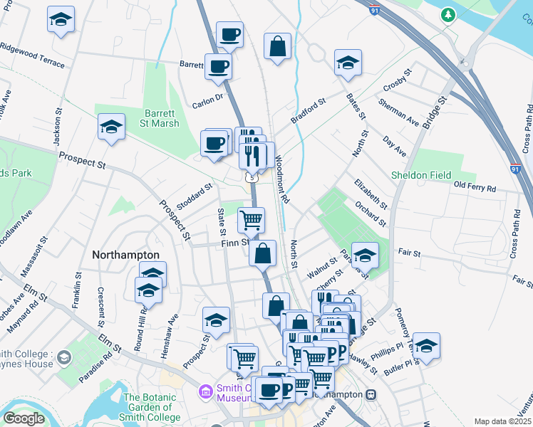 map of restaurants, bars, coffee shops, grocery stores, and more near 187 King Street in Northampton