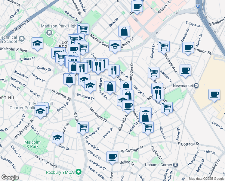 map of restaurants, bars, coffee shops, grocery stores, and more near 40 Forest Street in Boston
