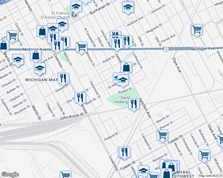map of restaurants, bars, coffee shops, grocery stores, and more near 5753 Saint Hedwig Street in Detroit