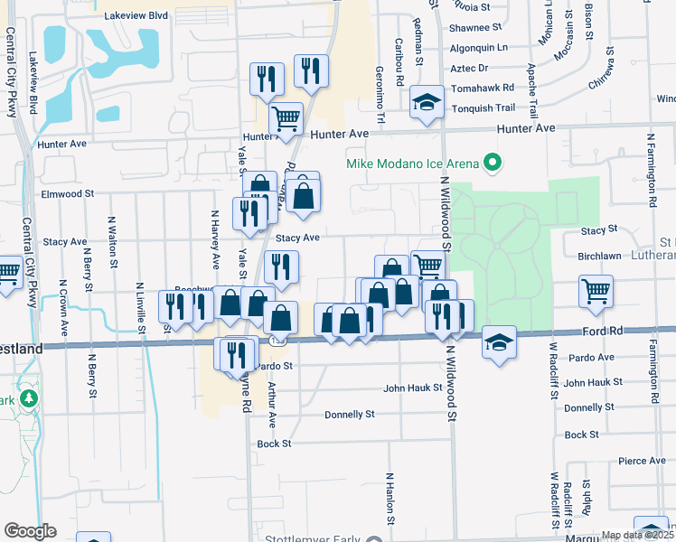 map of restaurants, bars, coffee shops, grocery stores, and more near 5815 North Christine in Westland