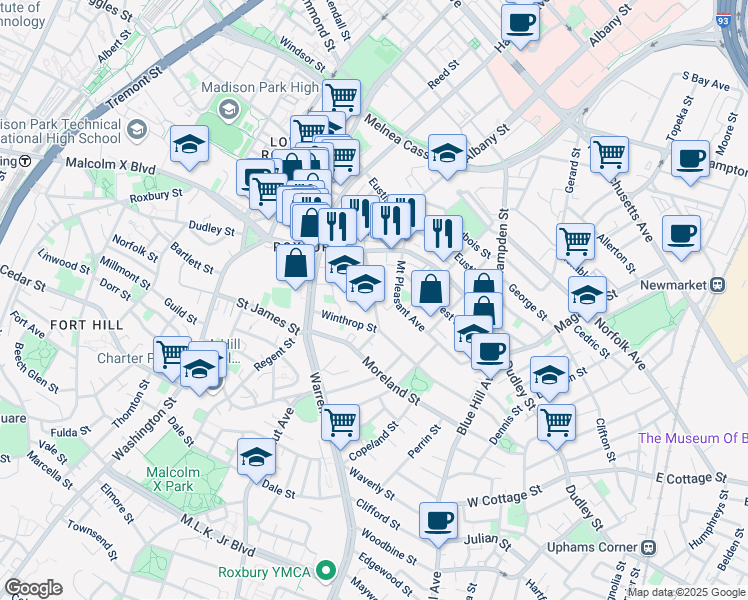 map of restaurants, bars, coffee shops, grocery stores, and more near 24 Greenville Street in Boston