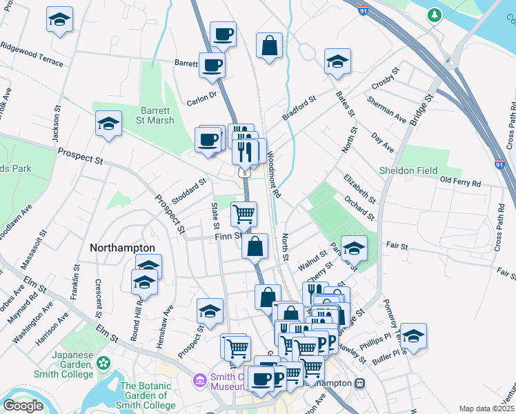map of restaurants, bars, coffee shops, grocery stores, and more near 187 King Street in Northampton