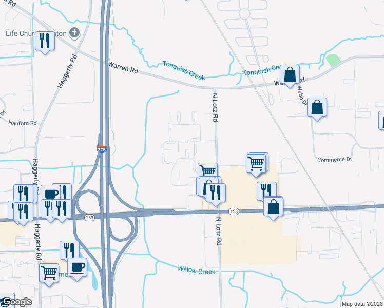 map of restaurants, bars, coffee shops, grocery stores, and more near 5939 Sandhurst Street in Canton