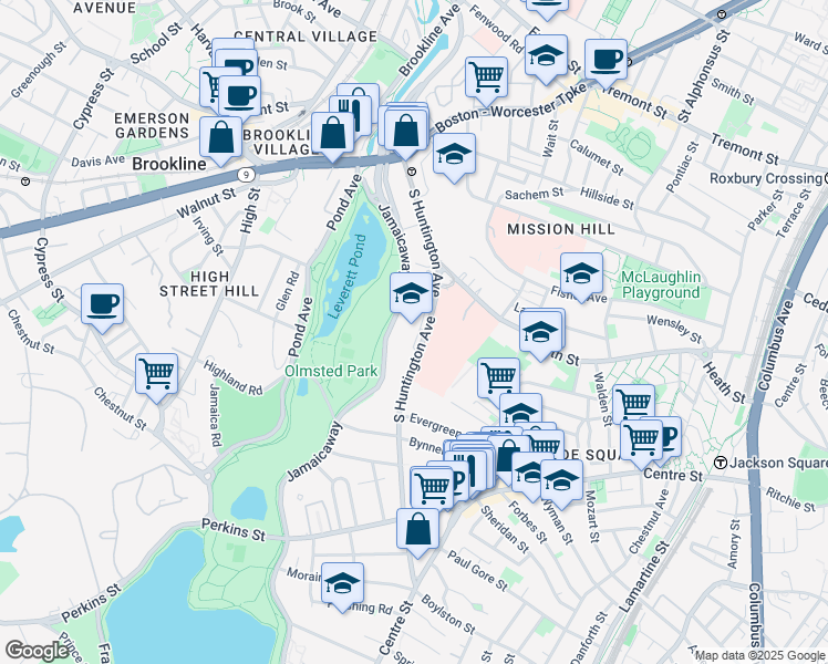 map of restaurants, bars, coffee shops, grocery stores, and more near 161 South Huntington Avenue in Boston