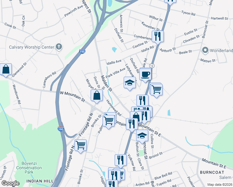 map of restaurants, bars, coffee shops, grocery stores, and more near 48 Malden Street in Worcester