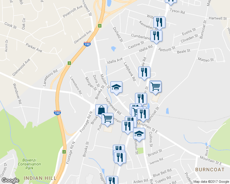 map of restaurants, bars, coffee shops, grocery stores, and more near 48 Malden Street in Worcester