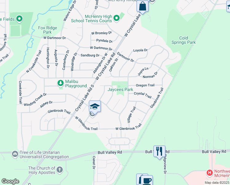 map of restaurants, bars, coffee shops, grocery stores, and more near 210 Barnwood Trail in McHenry