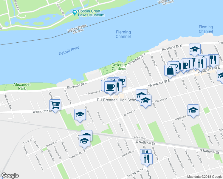 map of restaurants, bars, coffee shops, grocery stores, and more near 274 Pillette Road in Windsor