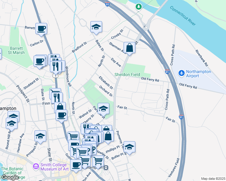 map of restaurants, bars, coffee shops, grocery stores, and more near 212 Bridge Street in Northampton