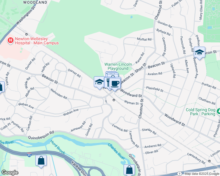 map of restaurants, bars, coffee shops, grocery stores, and more near 1649 Beacon Street in Newton