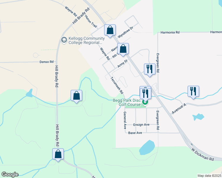 map of restaurants, bars, coffee shops, grocery stores, and more near 865 Tecumseh Road in Battle Creek