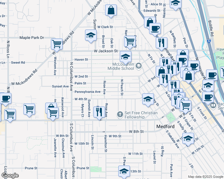 map of restaurants, bars, coffee shops, grocery stores, and more near 632 Pennsylvania Avenue in Medford