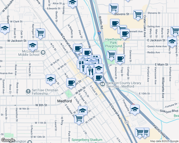 map of restaurants, bars, coffee shops, grocery stores, and more near 14 North Central Avenue in Medford