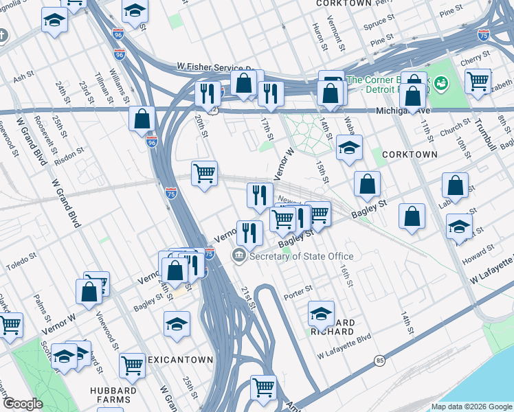 map of restaurants, bars, coffee shops, grocery stores, and more near 2020 Saint Anne Street in Detroit