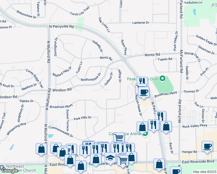 map of restaurants, bars, coffee shops, grocery stores, and more near 6347 Galahad Court in Loves Park