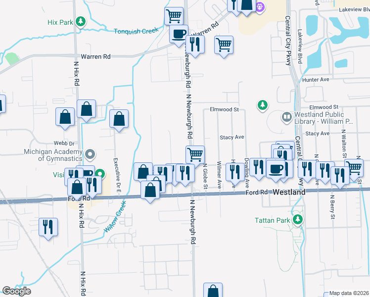 map of restaurants, bars, coffee shops, grocery stores, and more near 5921 N Newburgh Rd in Westland