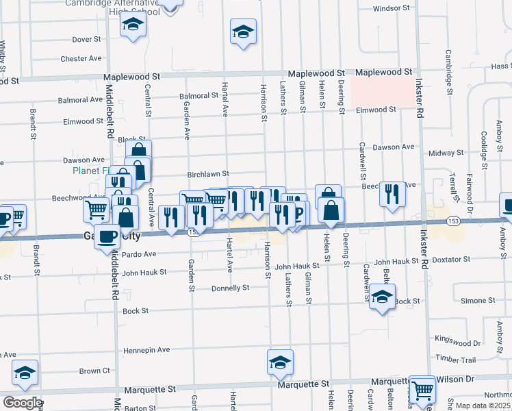 map of restaurants, bars, coffee shops, grocery stores, and more near 28436 Krauter Street in Garden City