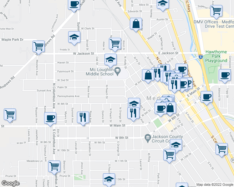 map of restaurants, bars, coffee shops, grocery stores, and more near 524 Pennsylvania Ave in Medford