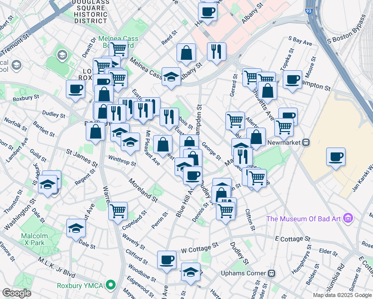 map of restaurants, bars, coffee shops, grocery stores, and more near 350 Dudley Street in Boston