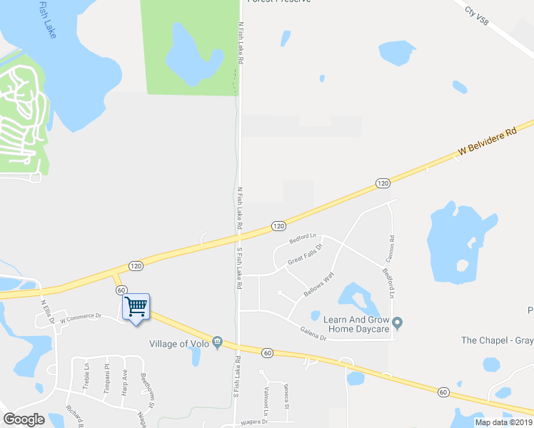 map of restaurants, bars, coffee shops, grocery stores, and more near 26222 Illinois 120 in Volo