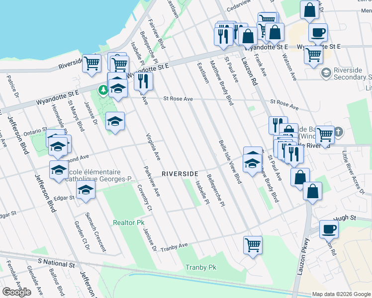 map of restaurants, bars, coffee shops, grocery stores, and more near 1030 Isabelle Place in Windsor