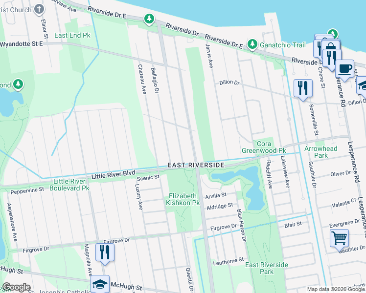 map of restaurants, bars, coffee shops, grocery stores, and more near 1132 Greenpark Boulevard in Windsor