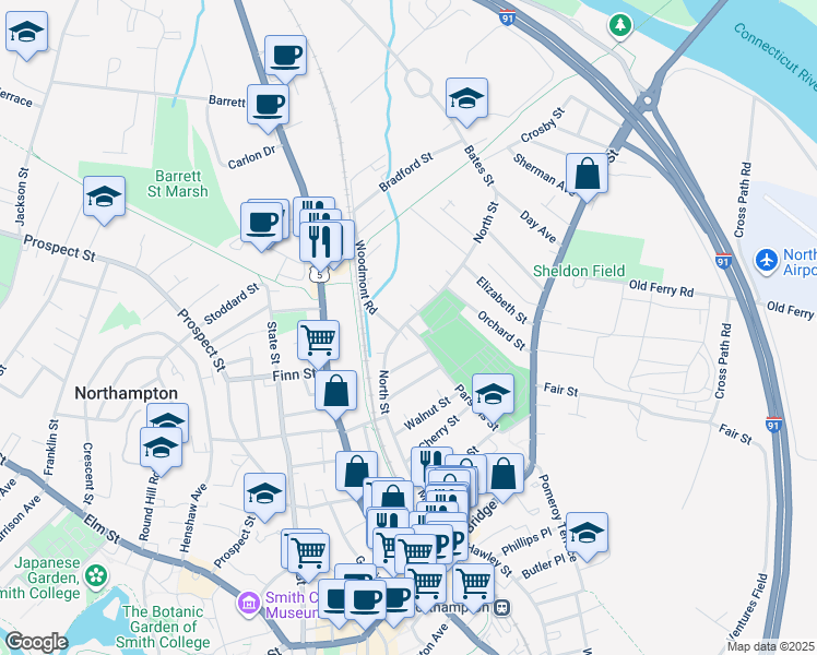 map of restaurants, bars, coffee shops, grocery stores, and more near 99 Parsons Street in Northampton