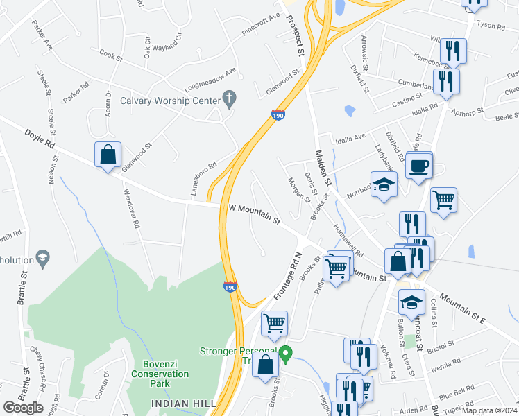 map of restaurants, bars, coffee shops, grocery stores, and more near 45 Mountainshire Drive in Worcester