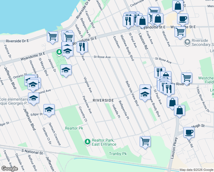 map of restaurants, bars, coffee shops, grocery stores, and more near 1030 Isabelle Place in Windsor