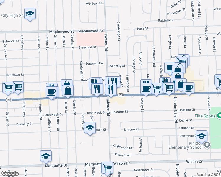 map of restaurants, bars, coffee shops, grocery stores, and more near 5680 Inkster Road in Dearborn Heights