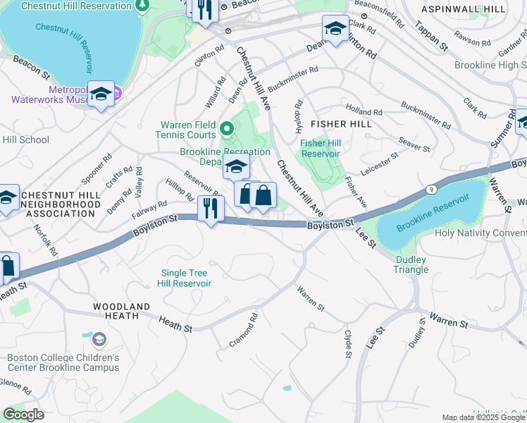 map of restaurants, bars, coffee shops, grocery stores, and more near 36 Eliot Crescent in Brookline