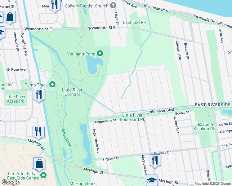 map of restaurants, bars, coffee shops, grocery stores, and more near 1091 Peabody Avenue in Windsor