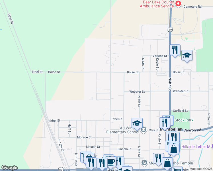 map of restaurants, bars, coffee shops, grocery stores, and more near 567 North 8th Street in Montpelier