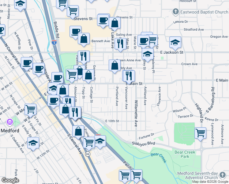 map of restaurants, bars, coffee shops, grocery stores, and more near 24 Portland Avenue in Medford
