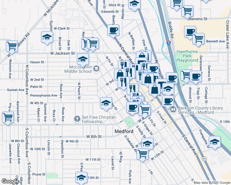 map of restaurants, bars, coffee shops, grocery stores, and more near in Medford