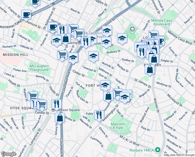 map of restaurants, bars, coffee shops, grocery stores, and more near 91 Cedar Street in Boston