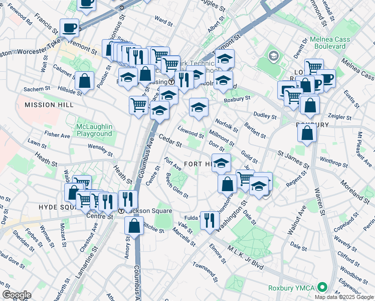 map of restaurants, bars, coffee shops, grocery stores, and more near 122 Cedar Street in Boston