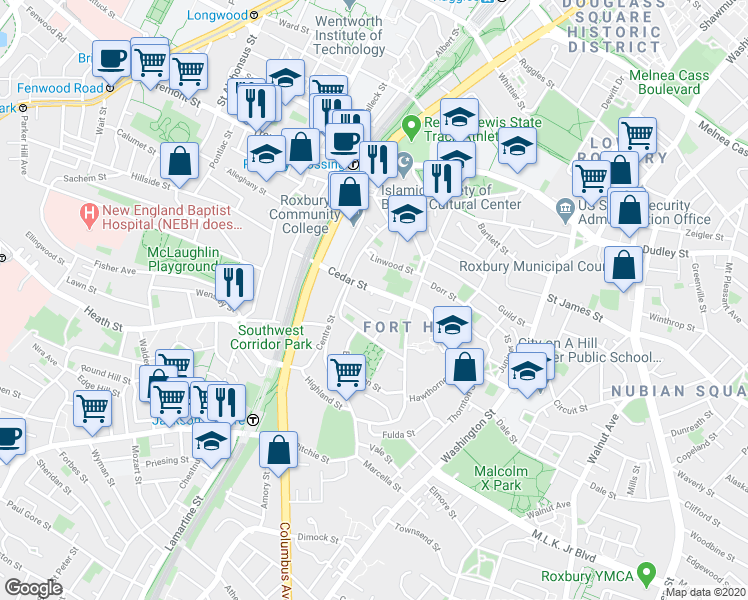 map of restaurants, bars, coffee shops, grocery stores, and more near 122 Cedar Street in Boston
