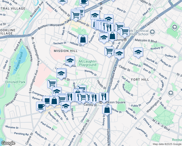 map of restaurants, bars, coffee shops, grocery stores, and more near 24 Wensley Street in Boston