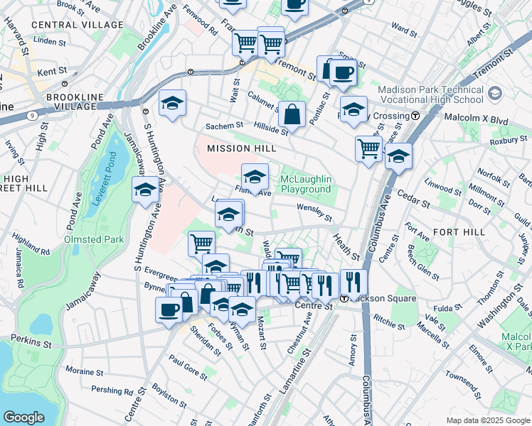 map of restaurants, bars, coffee shops, grocery stores, and more near 6 Bucknam Street in Boston
