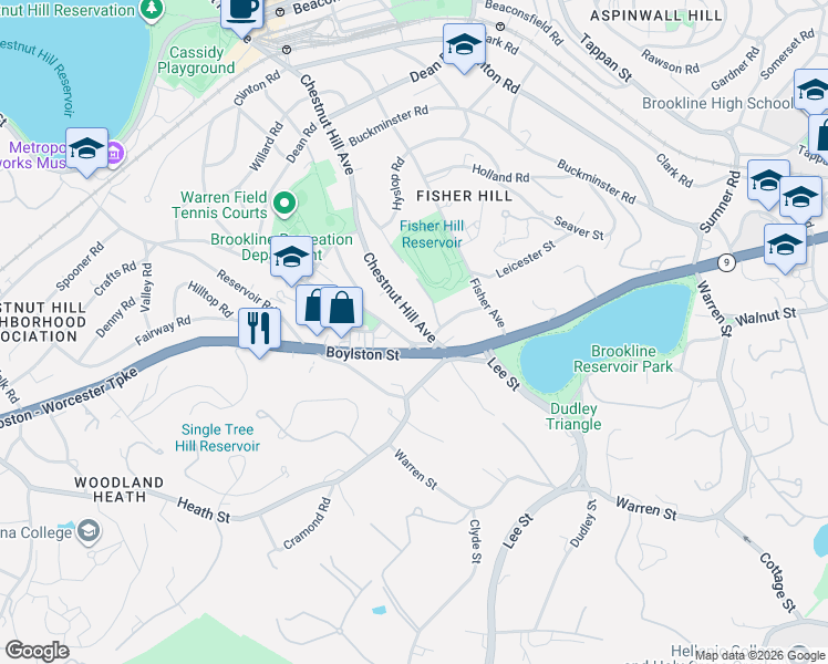 map of restaurants, bars, coffee shops, grocery stores, and more near 7 Eliot Street in Brookline