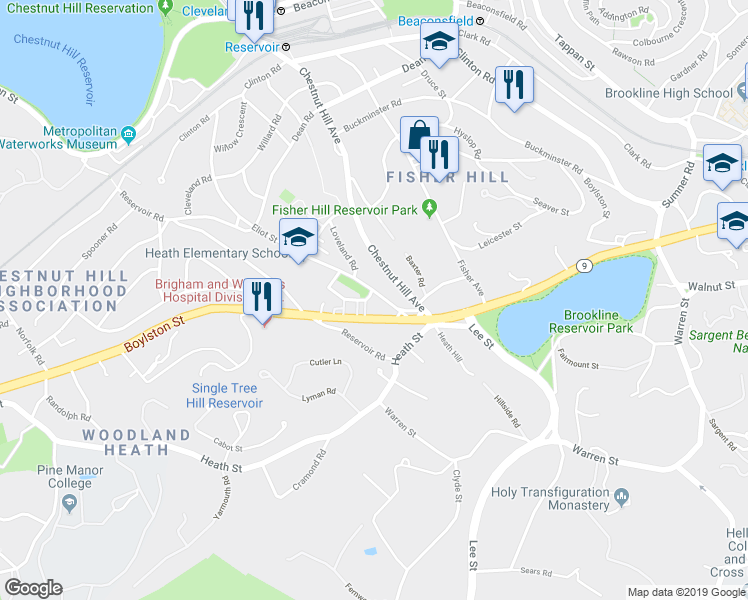 map of restaurants, bars, coffee shops, grocery stores, and more near 30 Eliot Street in Brookline
