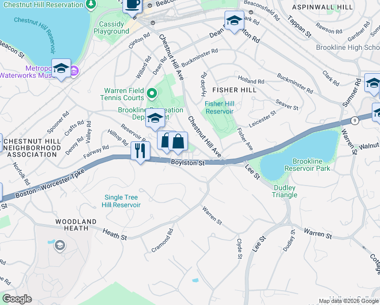 map of restaurants, bars, coffee shops, grocery stores, and more near 30 Eliot Street in Brookline