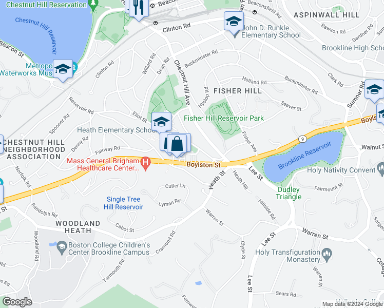 map of restaurants, bars, coffee shops, grocery stores, and more near 30 Eliot Street in Brookline