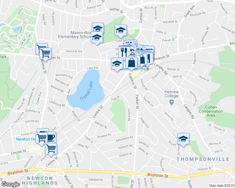 map of restaurants, bars, coffee shops, grocery stores, and more near 50 Paul Street in Newton