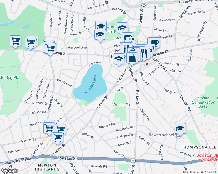 map of restaurants, bars, coffee shops, grocery stores, and more near 83 Norwood Avenue in Newton