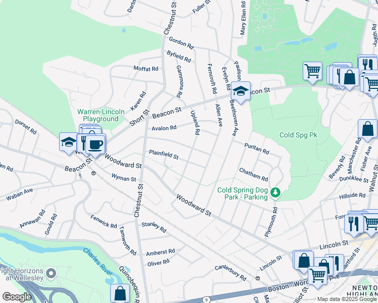 map of restaurants, bars, coffee shops, grocery stores, and more near 56 Pine Ridge Road in Newton