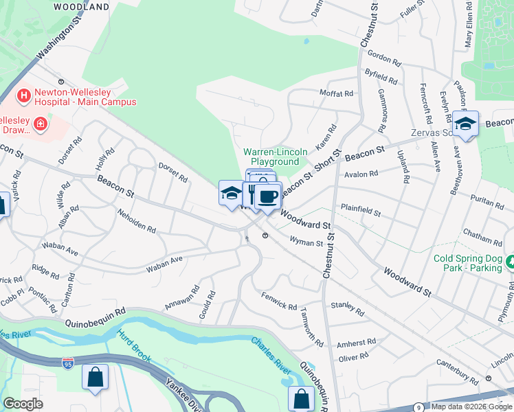 map of restaurants, bars, coffee shops, grocery stores, and more near 1649 Beacon Street in Newton